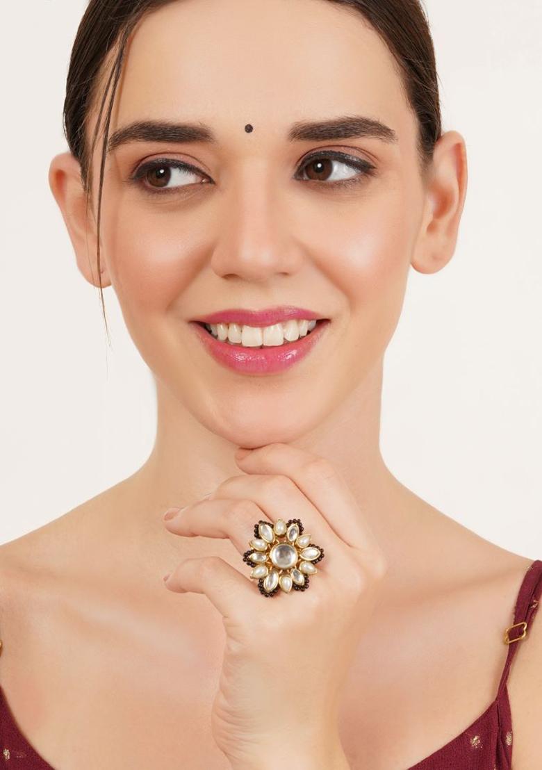 Black Glass Kundan Mixed Alloy Rings - Indya