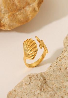 18K Gold Plated Waterproof Anti-Tarnish Adjustable Shell And Starfish Ring