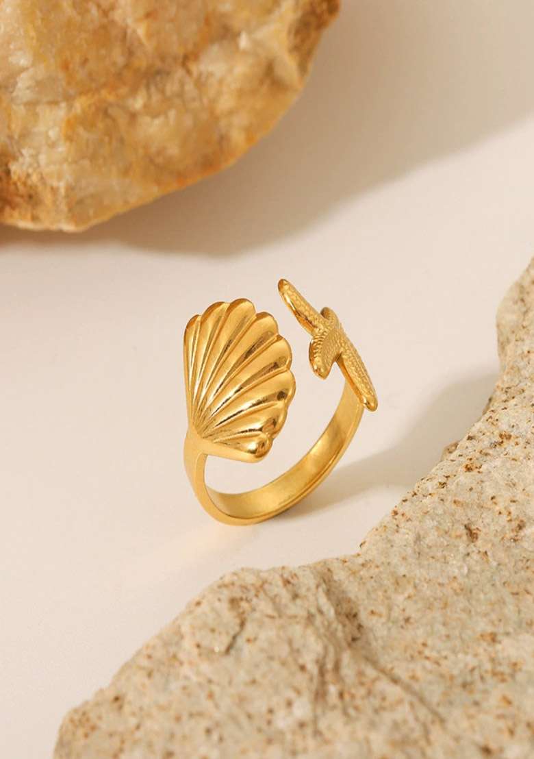18K Gold Plated Waterproof Anti-Tarnish Adjustable Shell And Starfish Ring - Indya