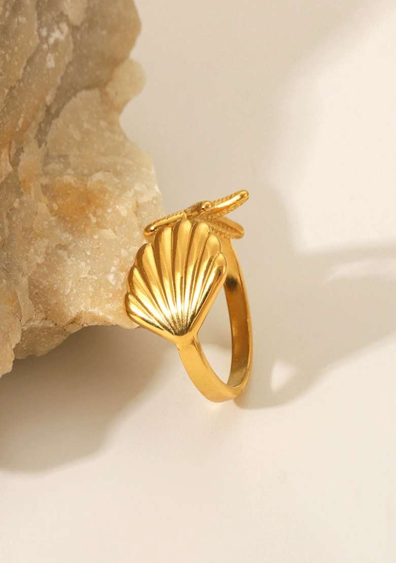 18K Gold Plated Waterproof Anti-Tarnish Adjustable Shell And Starfish Ring - Indya