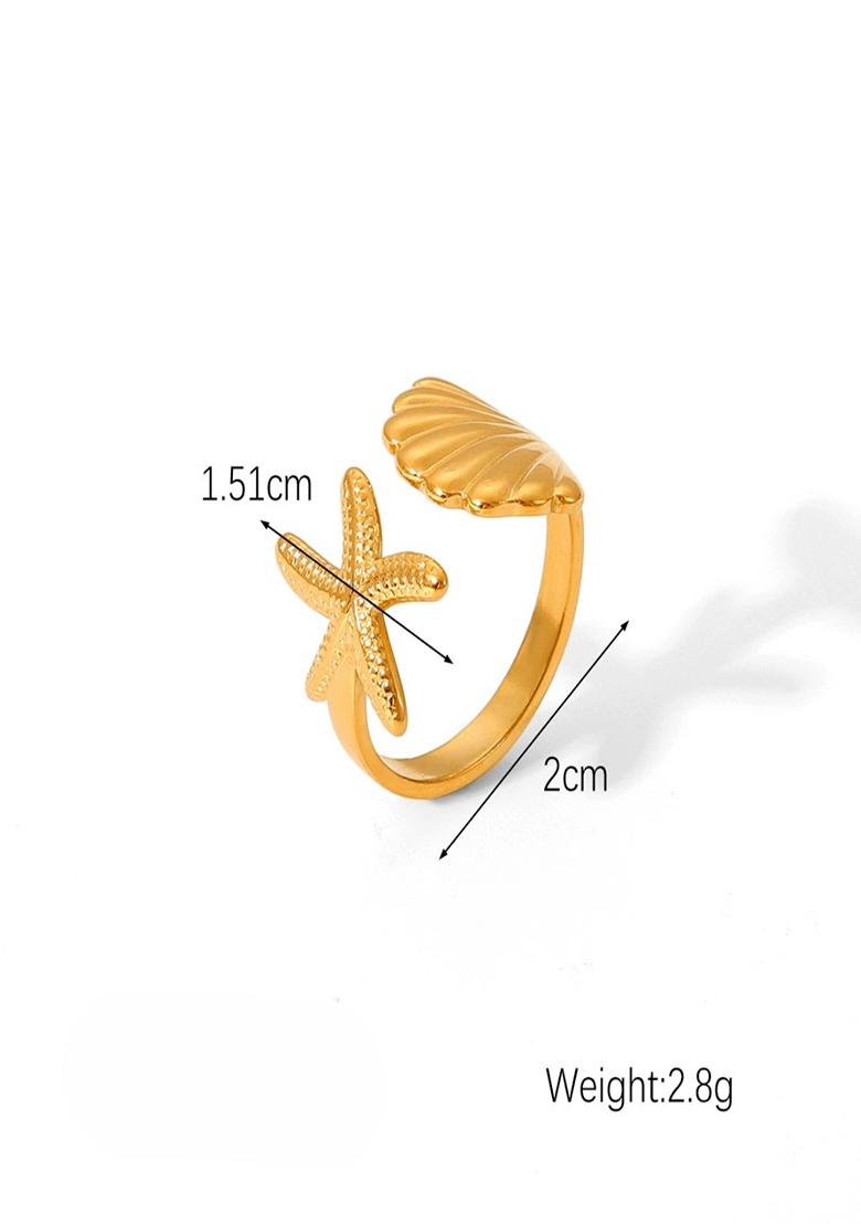 18K Gold Plated Waterproof Anti-Tarnish Adjustable Shell And Starfish Ring - Indya