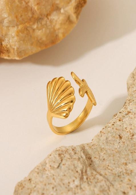 18K Gold Plated Waterproof Anti-Tarnish Adjustable Shell And Starfish Ring
