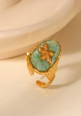 18K Gold Plated Waterproof Anti-Tarnish Green Crushed Shell Starfish Oval Ring