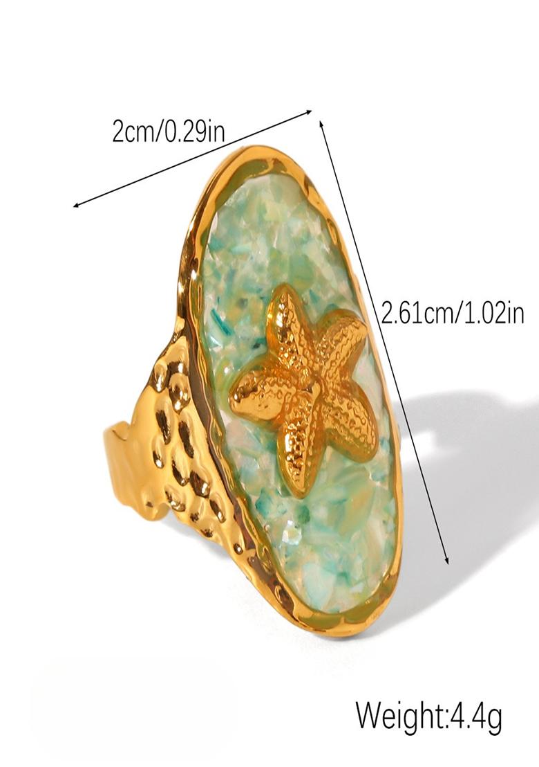 18K Gold Plated Waterproof Anti-Tarnish Green Crushed Shell Starfish Oval Ring - Indya