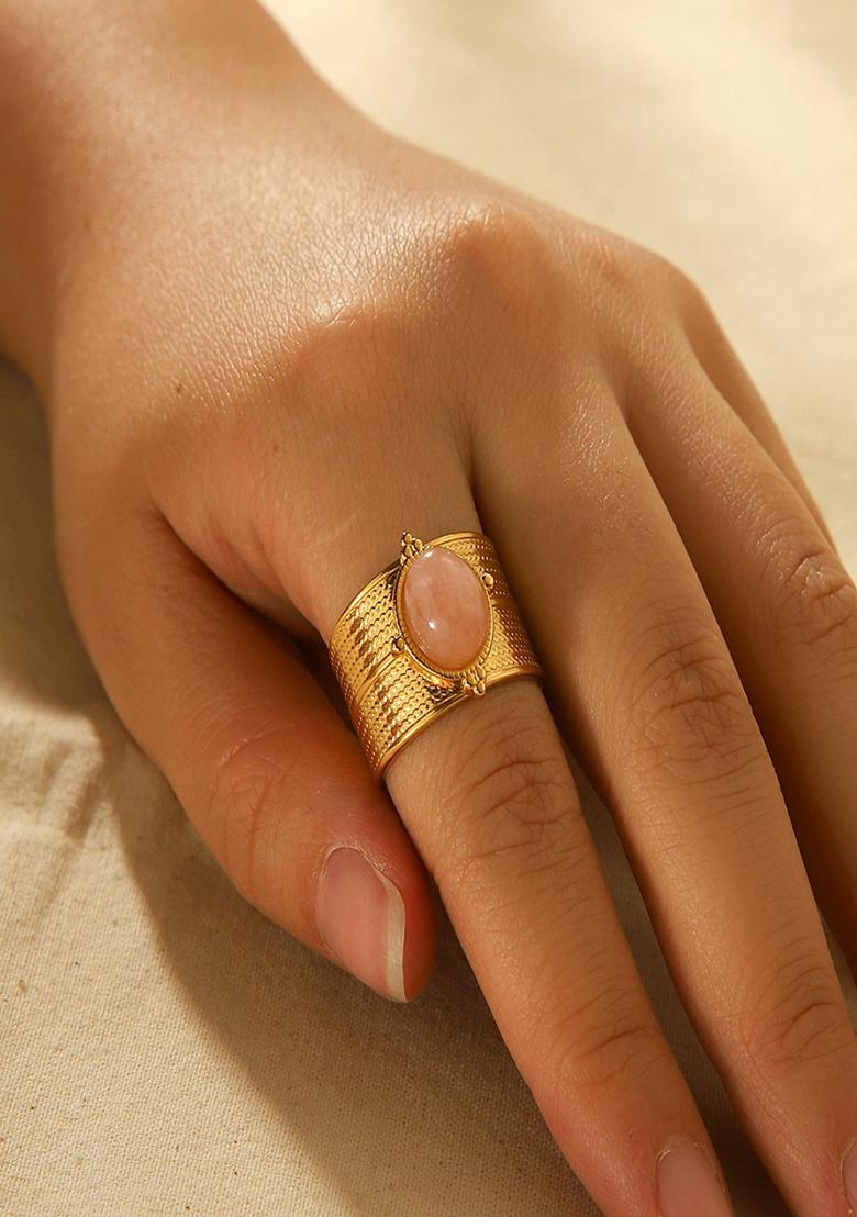 18K Gold Plated Waterproof Anti-Tarnish Pink Zircon Oval Ring - Indya