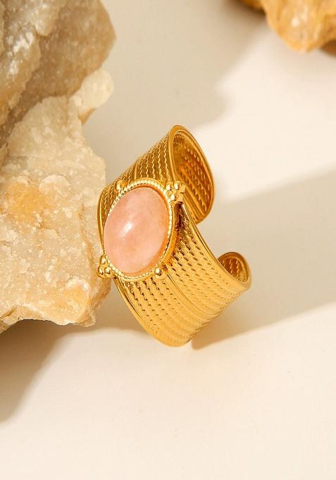 18K Gold Plated Waterproof Anti-Tarnish Pink Zircon Oval Ring