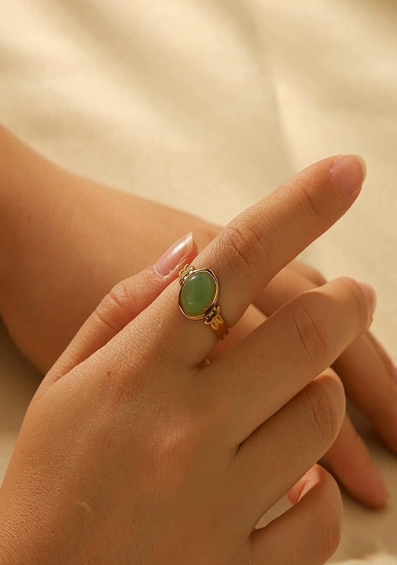 18K Gold Plated Waterproof Anti-Tarnish Green Zircon Oval Adjustable Ring - Indya