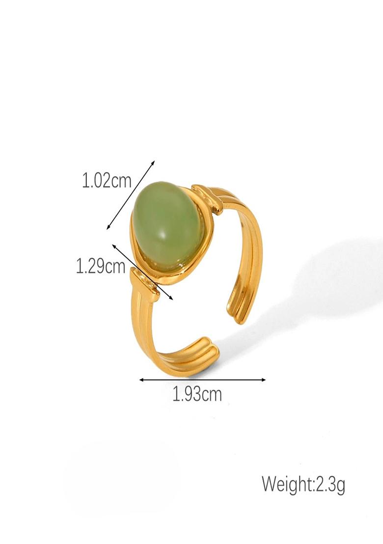 18K Gold Plated Waterproof Anti-Tarnish Green Zircon Oval Adjustable Ring - Indya