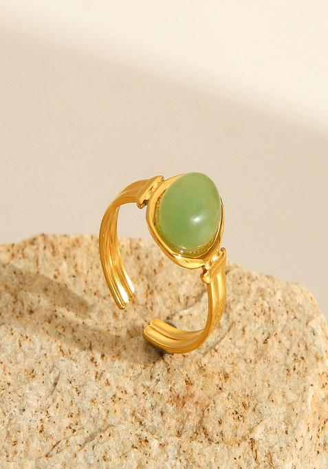 18K Gold Plated Waterproof Anti-Tarnish Green Zircon Oval Adjustable Ring