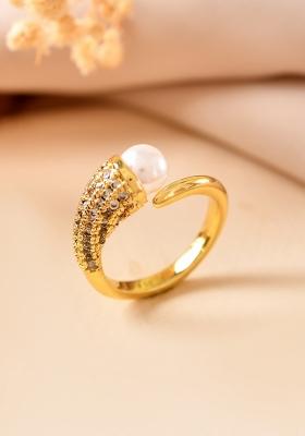 Gold Plated Anti Tranished Pearl And Ad Stone Studded Ring For Women
