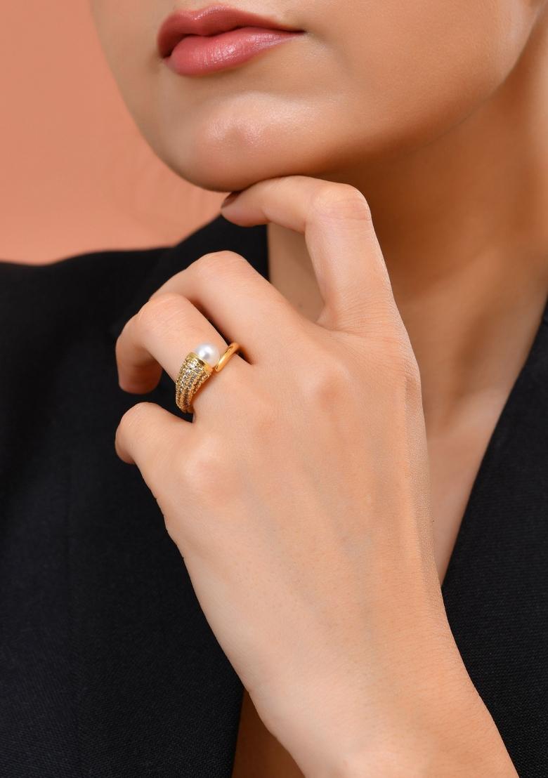 Gold Plated Anti Tranished Pearl And Ad Stone Studded Ring For Women - Indya