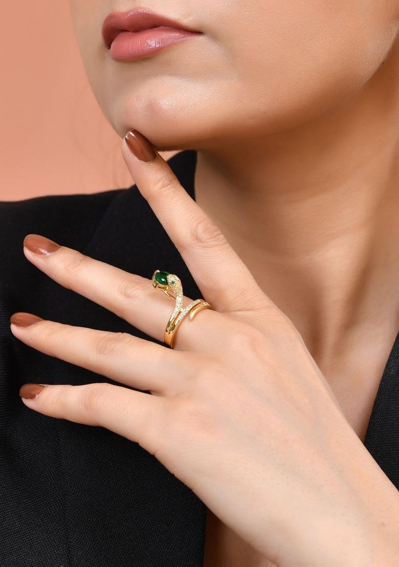 Gold Plated Snake Design Ad Ring With Green Stone - Indya