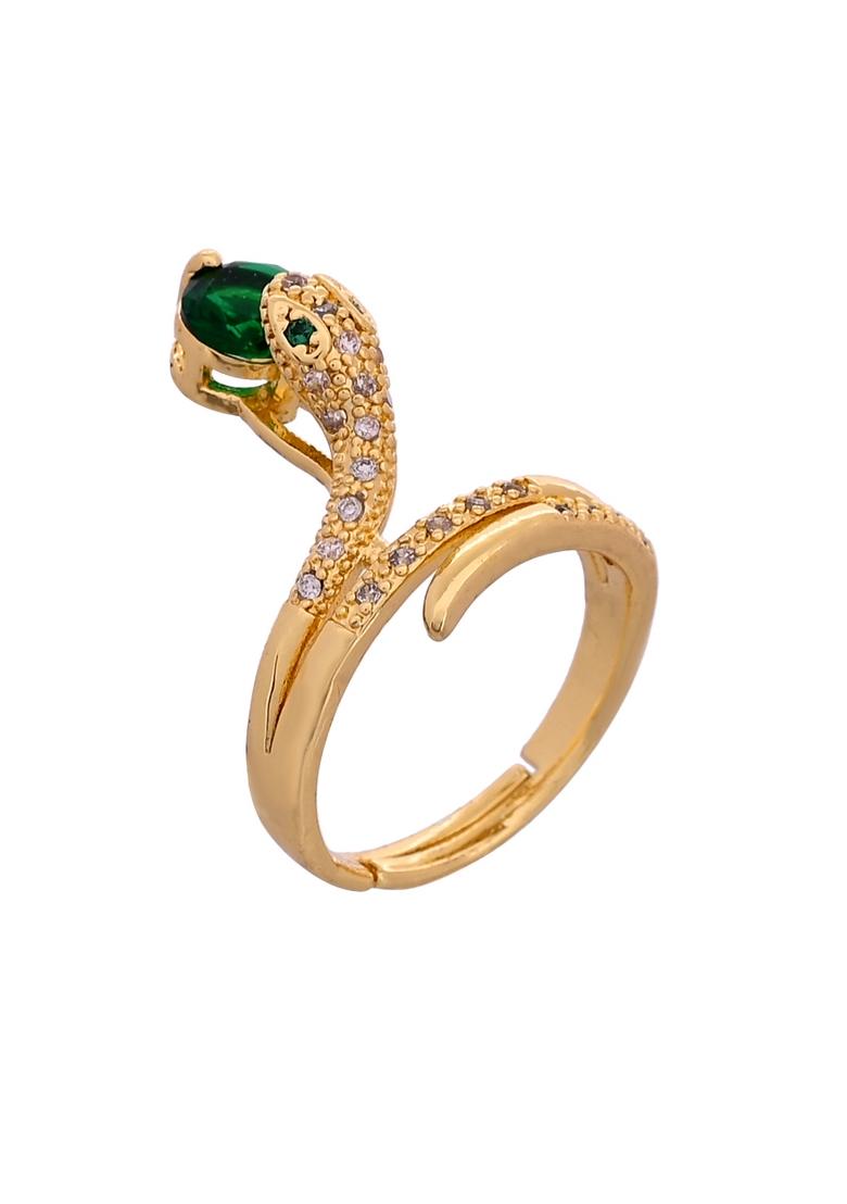 Gold Plated Snake Design Ad Ring With Green Stone - Indya