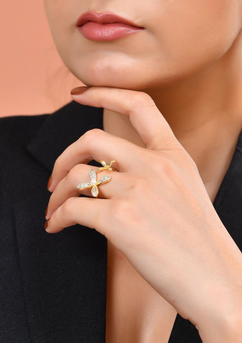 Gold Toned Floral Designed Adjustable Ring With Ad Stones - Indya