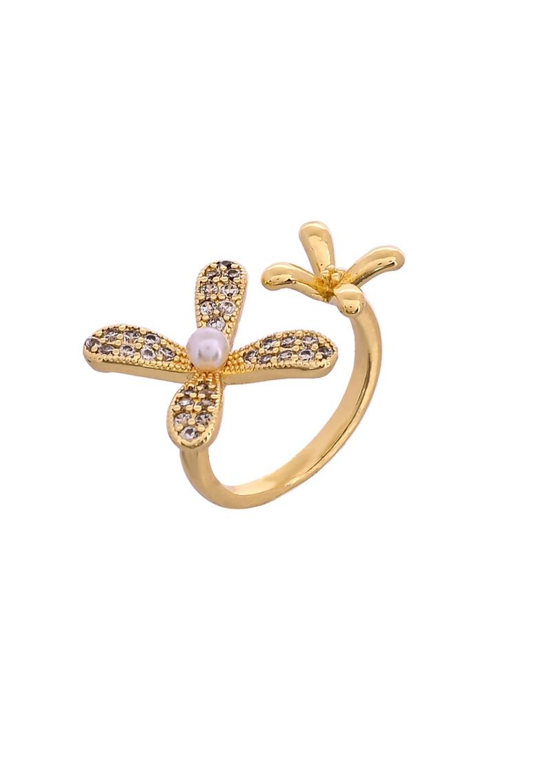 Gold Toned Floral Designed Adjustable Ring With Ad Stones - Indya