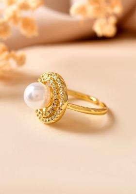 Gold Plated Pearl Studded Ring With Ad Stones
