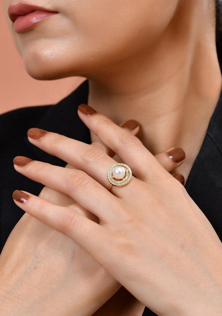 Gold Plated Pearl Studded Ring With Ad Stones - Indya