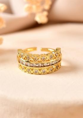 Gold Plated Ad Stone Studded Heart Designed Adjustable Ring 