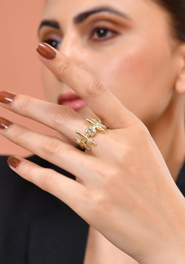 Gold Plated Stone Studded Adjustable Ring For Women - Indya