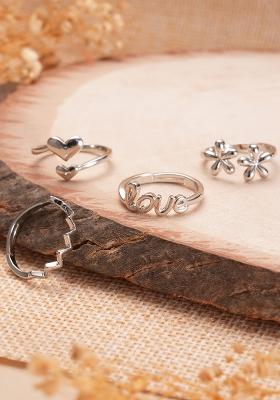 Set Of 4 Silver Plated Adjustable Finger Rings