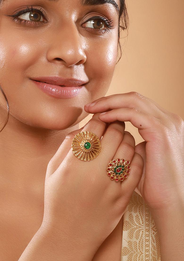 Set Of 2 Gold Plated Stone Studded Adjustable Finger Rings