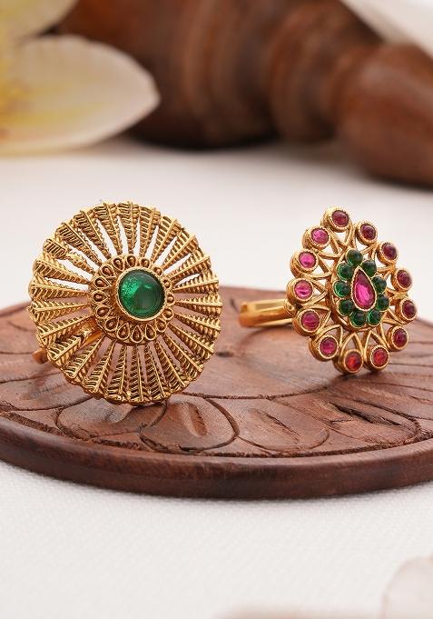 Set Of 2 Gold Plated Stone Studded Adjustable Finger Rings