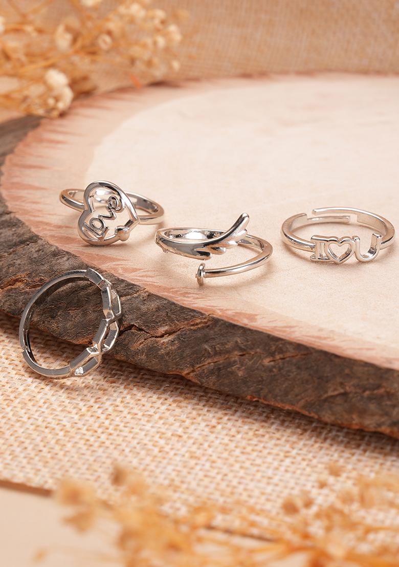 Set Of 4 Silver Plated Adjustable Finger Rings