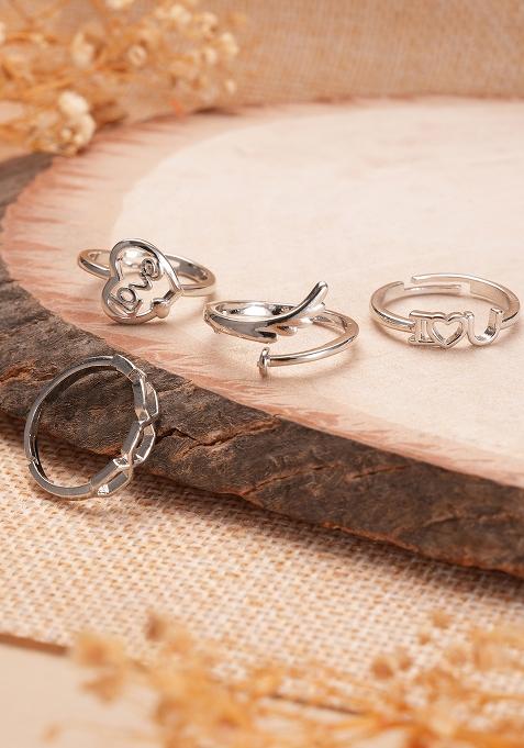 Set Of 4 Silver Plated Adjustable Finger Rings