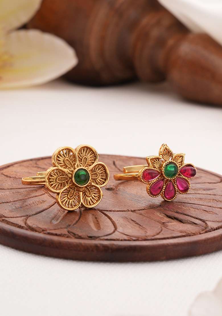 Set Of 2 Gold Plated And Stone Studded Finger Rings - Indya