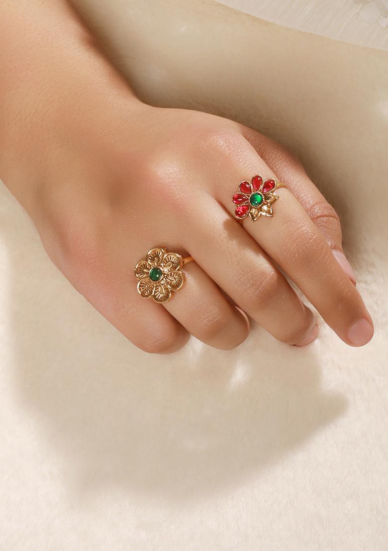 Set Of 2 Gold Plated And Stone Studded Finger Rings