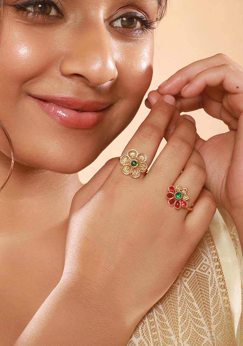 Set Of 2 Gold Plated And Stone Studded Finger Rings - Indya