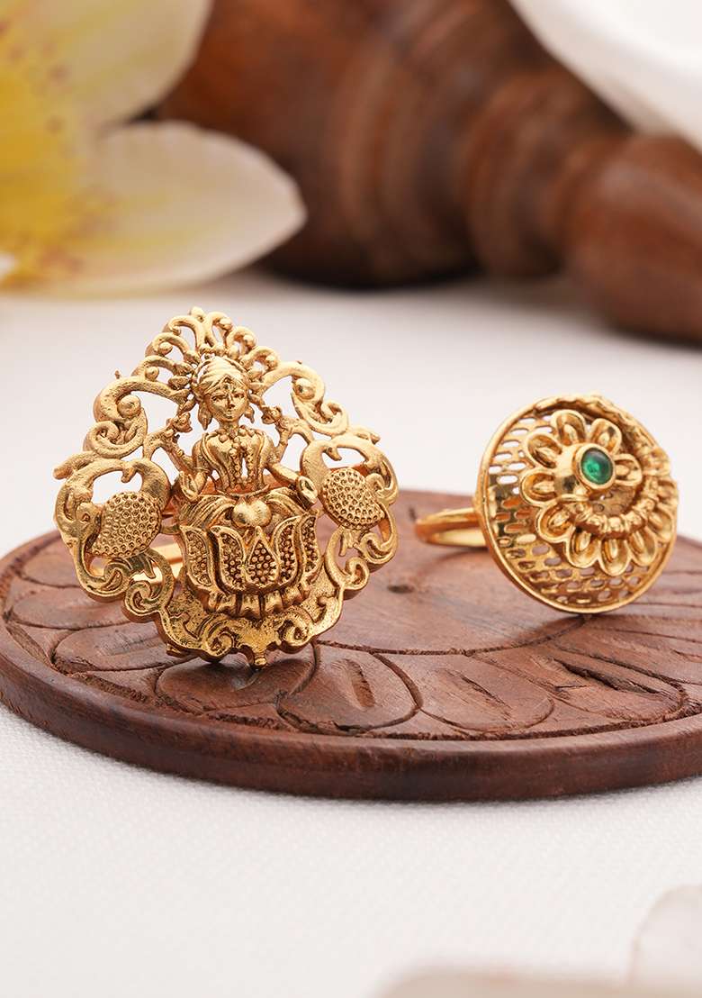 Set Of 2 Gold Plated Stone Studded Temple Finger Rings - Indya