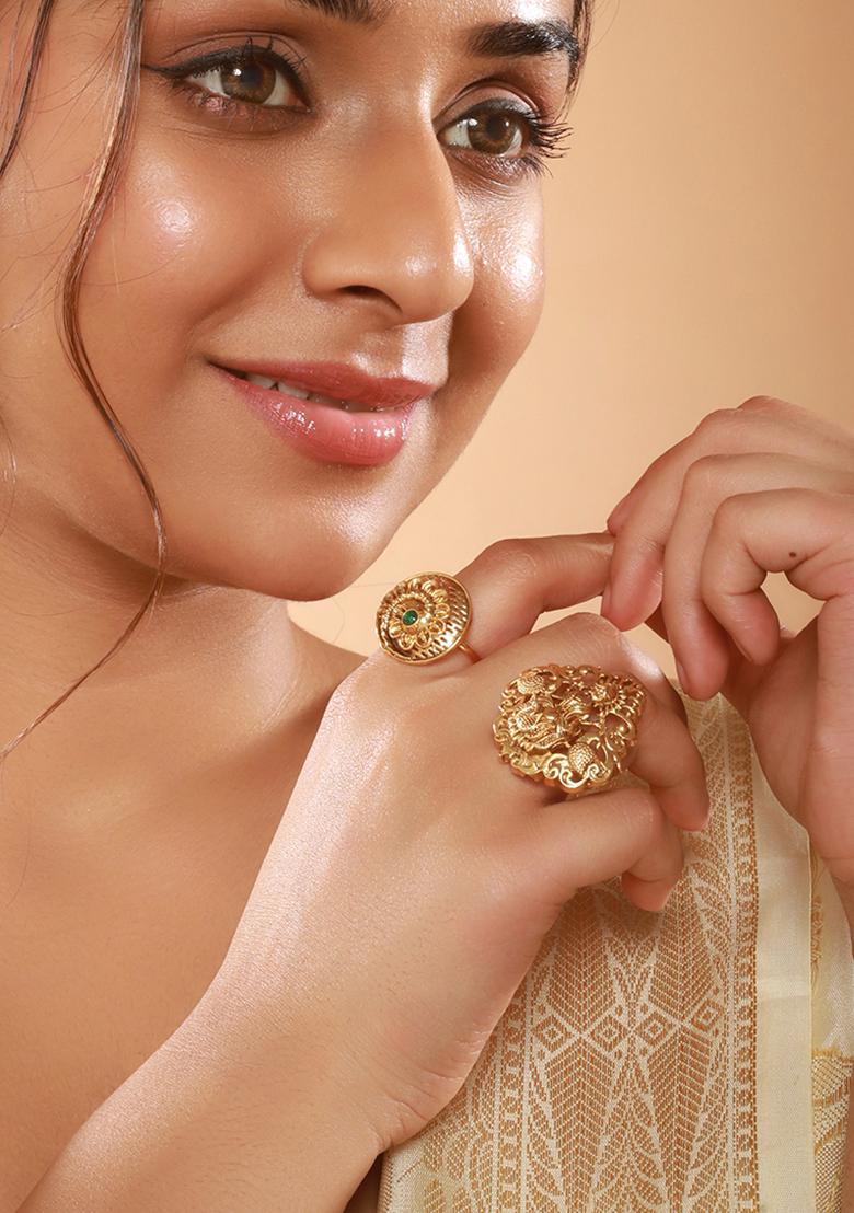 Set Of 2 Gold Plated Stone Studded Temple Finger Rings