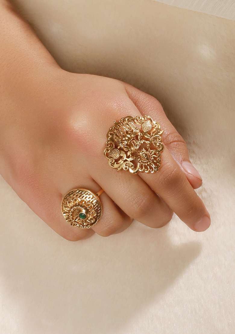 Set Of 2 Gold Plated Stone Studded Temple Finger Rings - Indya