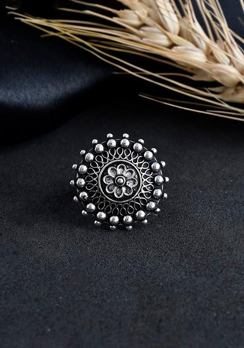 Silver Plated Oxidised Adjustable Finger Ring