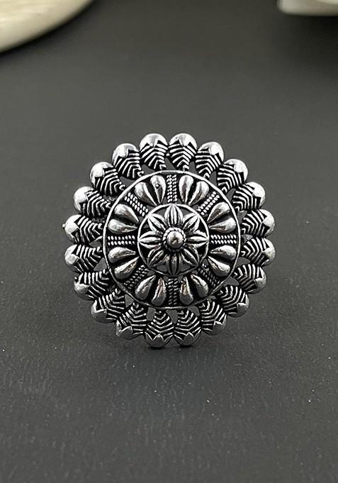 Silver Plated Oxidised Adjustable Finger Ring