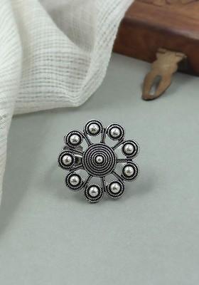 Silver Plated Stone Studded Adjustable Finger Ring