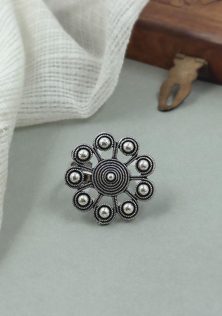 Silver Plated Stone Studded Adjustable Finger Ring