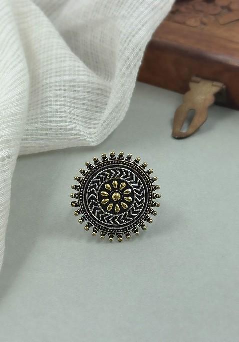 Silver Plated Oxidised Large Circular Frame Adjustable Ring