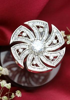 Rhodium Plated White Ad Studded Adjustable Finger Ring