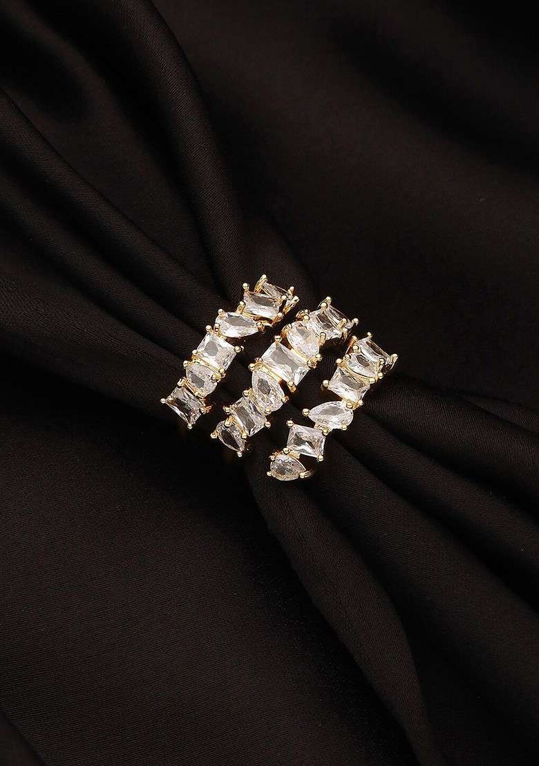 Gold Plated Cubic Zirconia Studded And Layered Adjustable Finger Ring - Indya