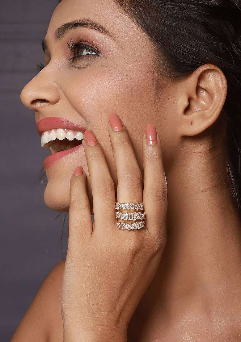 Gold Plated Cubic Zirconia Studded And Layered Adjustable Finger Ring - Indya