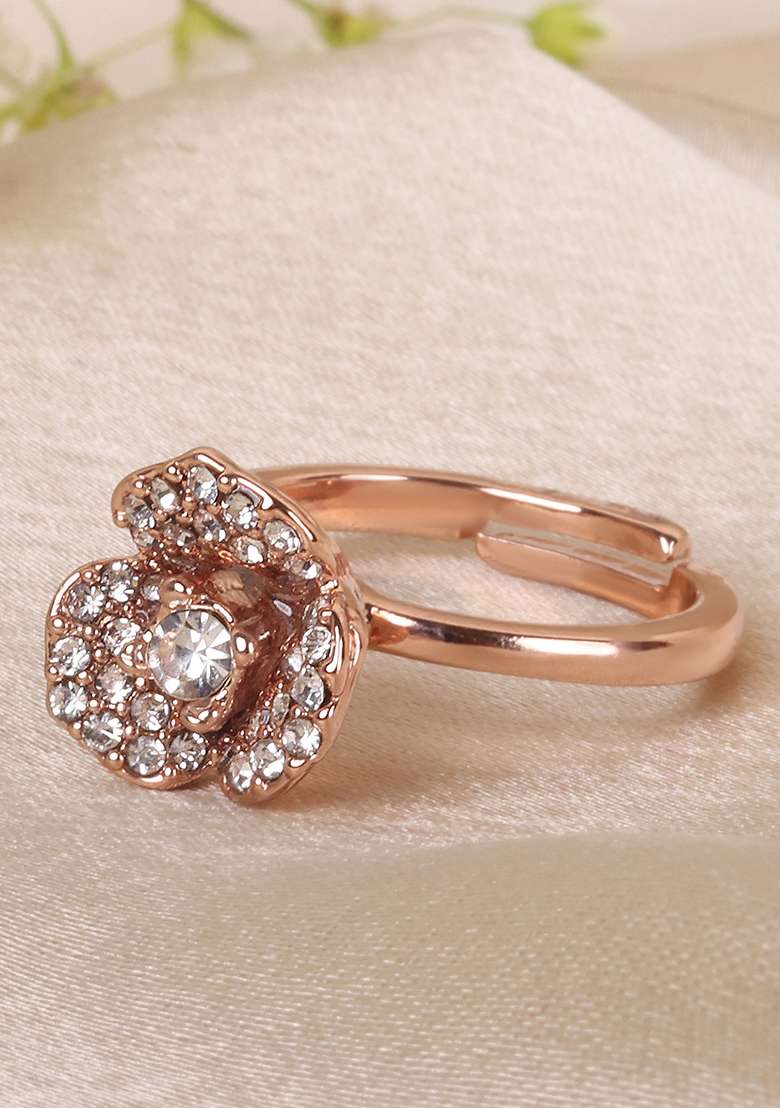 Rose Gold Plated Crystal Studded Finger Ring - Indya