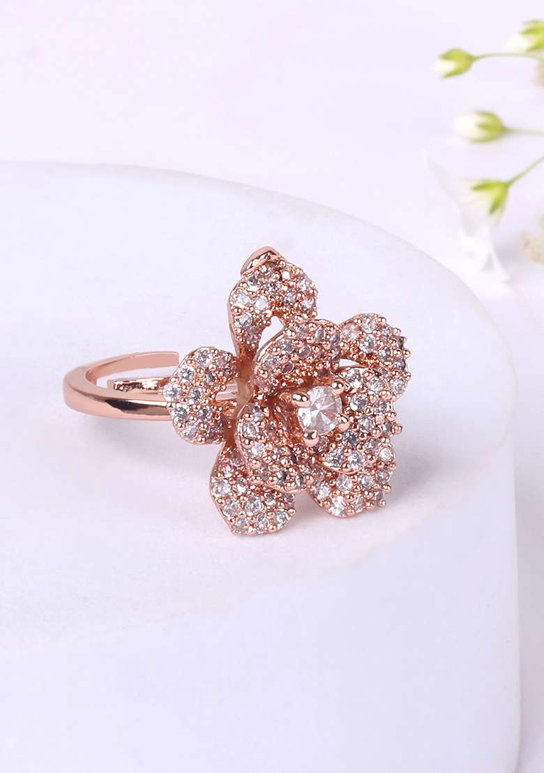 Rose Gold Plated Crystal Studded Finger Ring - Indya