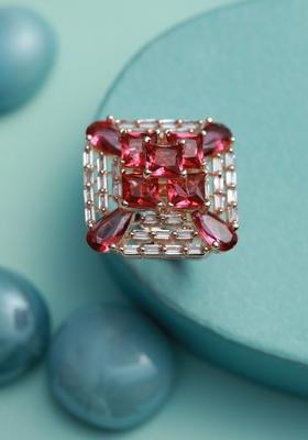 Rose Gold Plated Rose Gold Toned Red Ad Studded Adjustable Finger Ring