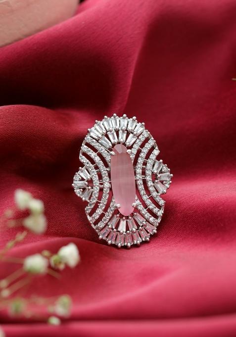 Silver Plated Pink And Pink Ad Studded Handcrafted Adjustable Finger Ring