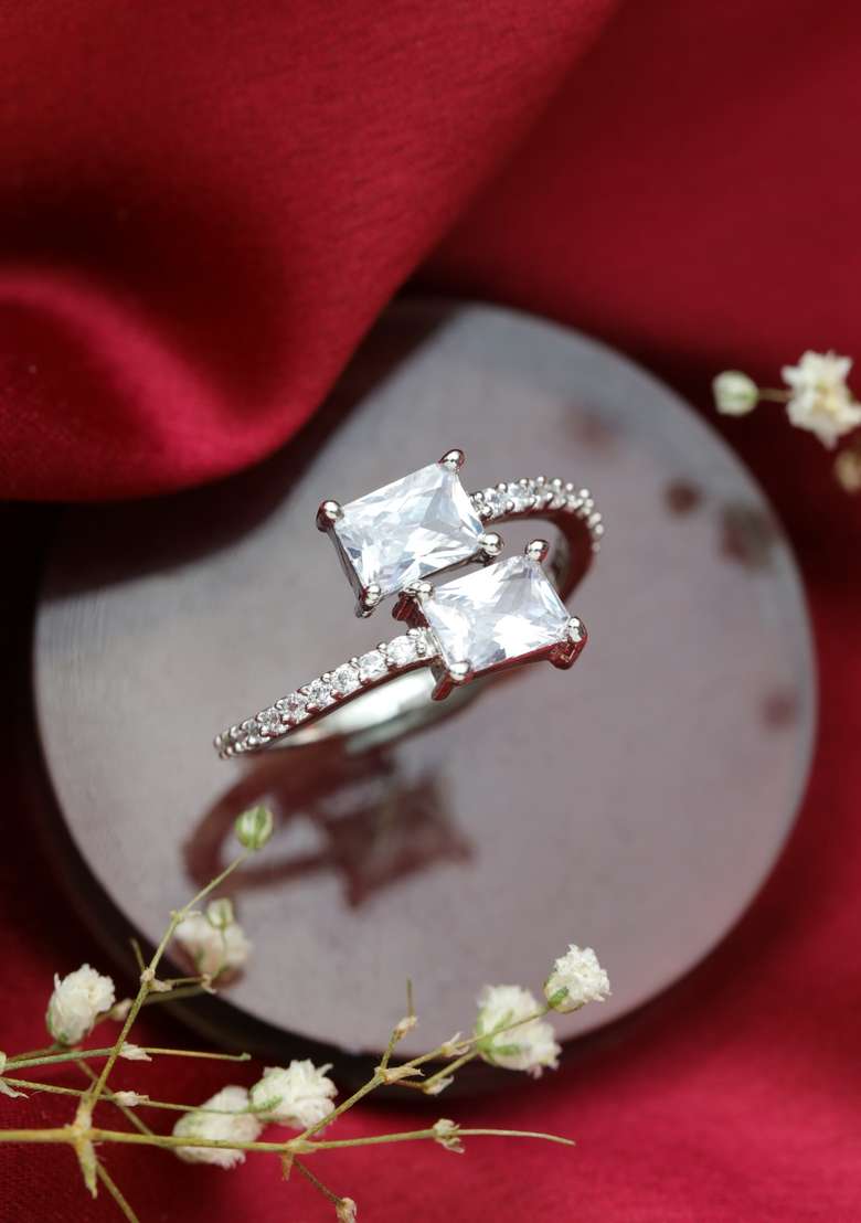 Silver Plated And White Cubic Zirconia Studded Ring - Indya