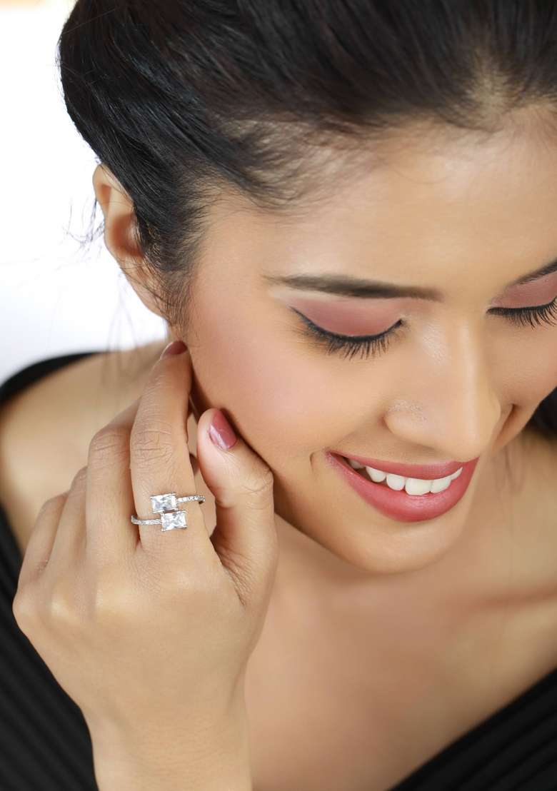 Silver Plated And White Cubic Zirconia Studded Ring - Indya