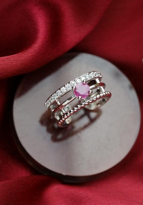 Silver Plated Pink And White Ad Studded Ring