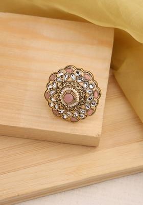 Gold Plated Pink Kundan Studded And Beaded Adjustable Finger Ring